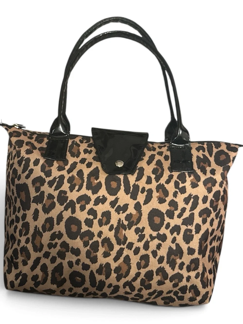 Leopard Print Tote Bag with Black Patent Trim
